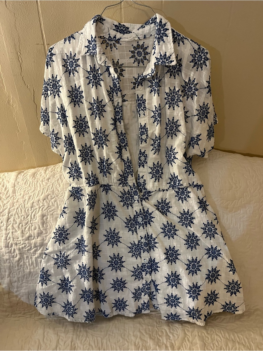En Creme White Midi Dress with Navy Blue Floral Print